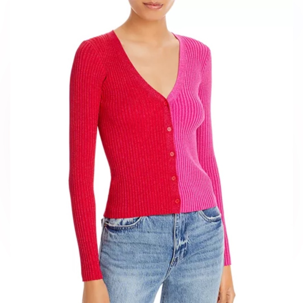Staud Cargo Metallic Ribbed V Neck Sweater Colorblock  Small Pink Red